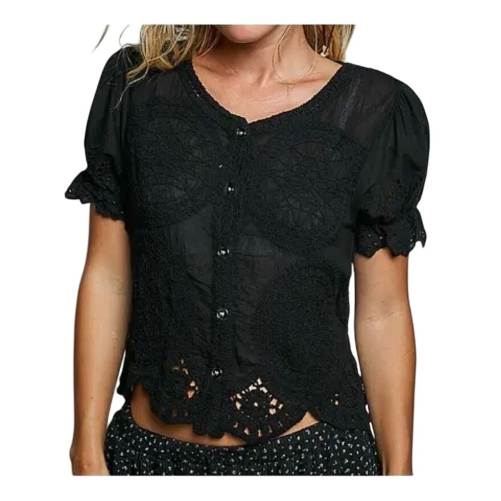 POL‎ Embroidered Crochet Top Women One or Small 100% Cotton Black  NWT